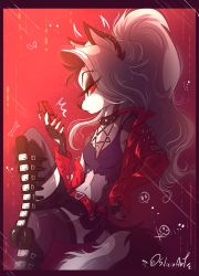 Rule 34 | 1girl, animal ears, boots, colored sclera, earrings, fangs, fishnet legwear, fishnets, furry, helluva boss, high heel boots, high heels, highres, jacket, jewelry, loona (helluva boss), multicolored fur, phone, red eyes, red jacket, red sclera, shorts, silcia, sitting, tail, wedge heels, wolf ears, wolf girl, wolf tail