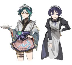 Rule 34 | 2boys, alternate costume, apron, aqua hair, black dress, choker, closed mouth, cropped legs, crossdressing, dress, enmaided, facial mark, forehead mark, genshin impact, green hair, gyoju (only arme nim), hand on own hip, highres, holding, holding plate, korean commentary, maid, maid headdress, male focus, multicolored hair, multiple boys, plate, purple eyes, purple hair, scaramouche (genshin impact), simple background, thigh strap, white apron, white background, wide sleeves, xiao (genshin impact), yellow eyes