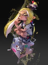 Rule 34 | 1girl, absurdres, asymmetrical hair, bandaid, bandaid on face, bandaid on knee, bandaid on leg, blonde hair, braid, bulging eyes, closed mouth, commentary, commentary request, copyright name, gradient background, grey footwear, hand up, highres, ink tank (splatoon), inkling, inkling girl, inkling player character, korean commentary, logo, looking at viewer, matching hair/eyes, nintendo, paint, pointy ears, salmonid, shiny clothes, shirt, shorts, single braid, smallfry (splatoon), smile, splatoon (series), splatoon 3, squatting, symbol-only commentary, t-shirt, tentacle hair, torn clothes, torn shirt, tto ja, white shirt, yellow eyes