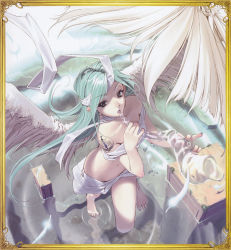 Rule 34 | 1girl, angel wings, aqua hair, barefoot, feathers, feet, foreshortening, from above, full body, hidari (left side), highres, instrument, music, navel, playing instrument, siren (monster), solo, tattoo, trumpet, wings