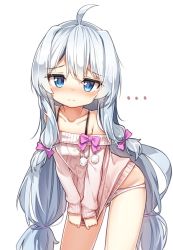 Rule 34 | ..., 1girl, ahoge, bare shoulders, blue eyes, blush, bow, closed mouth, clothes tug, collarbone, commentary request, darnell, groin, hair between eyes, hair bow, korean commentary, leaning forward, long hair, looking at viewer, no pants, nose blush, off-shoulder, off-shoulder sweater, off shoulder, panties, pink bow, pink sweater, silver hair, simple background, solo, soulworker, stella unibell, sweater, sweater tug, underwear, very long hair, white background, white panties