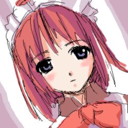 Rule 34 | 00s, 1girl, blue eyes, blush, bow, bowtie, close-up, dutch angle, embarrassed, hairband, hisui (tsukihime), looking at viewer, lowres, maid, maid headdress, oekaki, r-type nirvana, red hair, short hair, sketch, solo, souryuu (double dragon), tsukihime