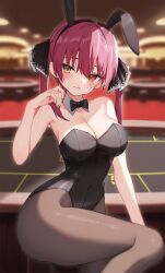 Rule 34 | 1girl, animal ears, bare arms, bare shoulders, black bow, black bowtie, black leotard, blurry, blurry background, blush, bow, bowtie, breasts, brown pantyhose, cleavage, closed mouth, collar, detached collar, extra ears, fake animal ears, heterochromia, highres, hololive, houshou marine, indoors, large breasts, leotard, long hair, looking at viewer, pantyhose, playboy bunny, rabbit ears, red eyes, red hair, red nails, smile, solo, standing, standing on one leg, strapless, strapless leotard, thomas 8000, twintails, virtual youtuber, white collar, yellow eyes