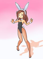 Rule 34 | 1girl, animal ears, black footwear, black leotard, breasts, brown eyes, brown hair, collarbone, detached collar, drantyno, fake animal ears, gradient background, highres, leotard, long hair, looking at viewer, pantyhose, pink background, playboy bunny, rabbit ears, rabbit tail, rq (ryuhi), shoes, small breasts, smile, standing, tail, two-tone background, white background, wrist cuffs