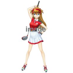 Rule 34 | 1girl, alternate costume, bare legs, blue eyes, breasts, brown hair, full body, golf, golf club, highres, interface headset, long hair, looking at viewer, medium breasts, neon genesis evangelion, official alternate costume, official art, shironeko project, simple background, skirt, smile, solo, souryuu asuka langley, two side up, white background, white skirt