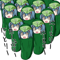 Rule 34 | 1girl, blue hair, costume, cucumber, female focus, hat, kawashiro nitori, lowres, multiple views, non-web source, solo, touhou, two side up, what