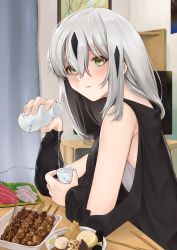 Rule 34 | 1girl, absurdres, alcohol, alternate costume, bare shoulders, bottle, casual, chopsticks, commentary, contemporary, fate/grand order, fate (series), fish (food), food, from side, green eyes, grey hair, hair between eyes, highres, kebab, kugatunohito, looking at viewer, multicolored hair, nagao kagetora (fate), oden, painting (object), parted lips, pouring, sake, sake bottle, sashimi, sitting, skewer, solo, table, upper body