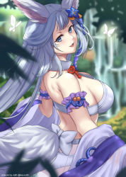 Rule 34 | 1girl, animal ears, bikini, blue eyes, blurry, blurry background, blurry foreground, bow, breasts, bug, butterfly, commentary, day, depth of field, detached sleeves, english commentary, erune, flower, fox ears, fox tail, from side, granblue fantasy, hair flower, hair ornament, insect, kauru00, large breasts, long hair, looking at viewer, looking to the side, open mouth, outdoors, rope, silver hair, smile, societte (granblue fantasy), solo, swimsuit, tail, very long hair, white bikini, white bow