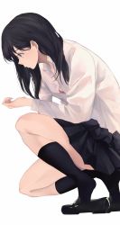 Rule 34 | 1girl, akito (d30n26), black eyes, black hair, bra, bra peek, button gap, commentary request, dress shirt, feet, highres, kneeling, loafers, long hair, looking at hand, original, pleated skirt, shirt, shoes, simple background, skirt, socks, solo, underwear, white background, white shirt