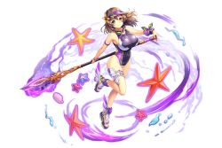 Rule 34 | ankle wings, aura, breasts, brown hair, competition swimsuit, covered navel, dark aura, forseti (kamihime), green eyes, holding, holding lance, holding polearm, holding weapon, huge breasts, kamihime project r, lance, leg wings, legband, looking at viewer, official art, one-piece swimsuit, polearm, purple one-piece swimsuit, sandals, short hair, smile, solo, starfish, swimsuit, transparent background, water, weapon, wings