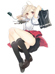 Rule 34 | 1girl, arms up, bag, black legwear, blonde hair, blush, bow, brown eyes, character request, clothes around waist, full body, hair ornament, hairclip, kojiki-life, loafers, long legs, looking at viewer, original, revision, school bag, shoes, short hair, short sleeves, simple background, skirt, solo, sweater, sweater around waist, white background