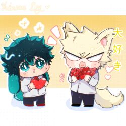 Rule 34 | 2boys, animal ears, bakugou katsuki, black pants, blank eyes, blonde hair, blush, boku no hero academia, chibi, chromatic aberration, commentary, english commentary, freckles, full body, green eyes, green hair, grey jacket, heart, heart in mouth, highres, holding, holding heart, jacket, kemonomimi mode, long sleeves, making-of available, male focus, midoriya izuku, multiple boys, open mouth, pants, pochitaart, rabbit boy, rabbit ears, rabbit tail, school uniform, short hair, simple background, spiked hair, standing, tail, translation request, u.a. school uniform, valentine, wolf boy, wolf ears, wolf tail, yellow background