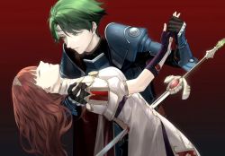 Rule 34 | 1boy, 1girl, alm (fire emblem), armor, black hair, blood, blood on clothes, bloody weapon, brown gloves, celica (fire emblem), closed eyes, falchion (fire emblem), fire emblem, fire emblem echoes: shadows of valentia, gloves, gradient background, green eyes, green hair, highres, holding hands, impaled, long hair, looking at another, mik blamike, nintendo, red background, red hair, simple background, spoilers, sword, tagme, tiara, weapon