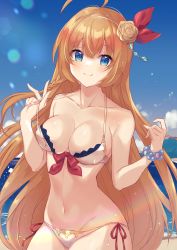 Rule 34 | 1girl, absurdres, beach, blue eyes, breasts, female focus, highres, large breasts, long hair, miyakoto, ocean, orange hair, outdoors, pecorine (princess connect!), princess connect!, solo, swimsuit