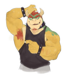 Rule 34 | 0rang3, 1boy, absurdres, arm up, armpit hair, armpits, bara, biceps, black tank top, bowser, bracelet, claws, commentary, english commentary, fang, furry, furry male, highres, horns, jewelry, looking at viewer, male focus, mario (series), muscular, muscular male, nintendo, open mouth, pectorals, presenting armpit, red hair, smile, spiked bracelet, spikes, tank top, white background