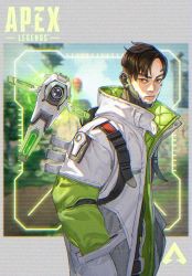 Rule 34 | 1boy, apex legends, belt, black eyes, black hair, copyright name, crypto (apex legends), cyborg, drone, from side, green sleeves, hack (apex legends), hands in pockets, jacket, logo, looking at viewer, male focus, passimo, science fiction, solo focus, undercut, v-shaped eyebrows, white jacket