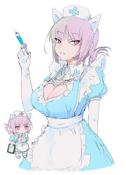 Rule 34 | 1girl, absurdres, apron, blue dress, braid, breasts, chibi, chibi inset, cleavage, cleavage cutout, clipboard, clothing cutout, dress, fate/grand order, fate (series), florence nightingale (fate), gloves, hat, highres, holding, holding clipboard, holding syringe, kaigan0211, large breasts, looking at viewer, nurse, nurse cap, pink hair, red eyes, simple background, syringe, white apron, white background, white gloves