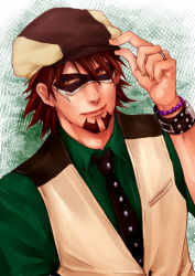 Rule 34 | 10s, 1boy, adjusting clothes, adjusting headwear, bad id, bad pixiv id, bracelet, brown eyes, brown hair, cabbie hat, domino mask, facial hair, hat, jewelry, k-996, kaburagi t. kotetsu, male focus, mask, ring, solo, stubble, tiger &amp; bunny, vest, waistcoat, watch, wedding band, wristwatch