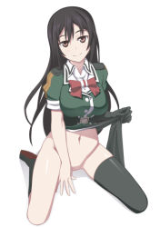 Rule 34 | 10s, 1girl, arm support, belt, black gloves, black hair, black thighhighs, boots, bottomless, bow, brown eyes, caryo, chikuma (kancolle), full body, gloves, kantai collection, long hair, looking at viewer, navel, no pussy, pelvic curtain, shadow, simple background, single glove, single thighhigh, sitting, smile, solo, thighhighs, wariza, white background