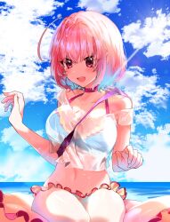 1girl ahoge bad_id bad_pixiv_id bag between_breasts bikini blue_bikini blue_hair blush breasts choker cloud cloudy_sky collarbone colored_inner_hair day fang fresa_pie frilled_bikini frills hair_intakes hands_up highres idolmaster idolmaster_cinderella_girls large_breasts lens_flare multicolored_hair navel off_shoulder open_mouth outdoors pink_choker pink_eyes pink_hair purple_bag see-through_clothes see-through_shirt shirt sitting sky solo stomach strap_between_breasts sun swimsuit tears thighs two-tone_hair water wet wet_clothes wet_shirt white_shirt yumemi_riamu