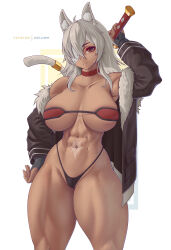 Rule 34 | 1girl, abs, absurdres, animal ear fluff, animal ears, bandeau, bare shoulders, black jacket, breasts, choker, collarbone, commentary, dark-skinned female, dark skin, eyepatch, facial scar, fur-trimmed jacket, fur trim, ghislaine dedoldia, grey hair, hair between eyes, highres, holding, holding sword, holding weapon, jacket, large breasts, long hair, looking at viewer, melowh, mushoku tensei, navel, open clothes, open jacket, patreon username, red choker, red eyes, sagging breasts, scar, scar on cheek, scar on face, scar on stomach, solo, standing, sword, tail, tail ornament, tail ring, thick thighs, thighs, weapon