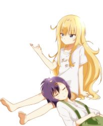 Rule 34 | 10s, 2girls, barefoot, blonde hair, blue eyes, blush, cherry blossoms, closed mouth, clothes writing, collarbone, closed eyes, gabriel dropout, gabriel tenma white, hair between eyes, hair ornament, hairclip, highres, lap pillow, multiple girls, parted lips, petals, purple hair, shigure (sigre), shirt, short sleeves, simple background, sitting, sleeping, t-shirt, translation request, vignette tsukinose april, white background, white shirt