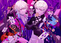 Rule 34 | 2boys, absurdres, arrow (projectile), arrow in body, arrow in head, asymmetrical clothes, bettel 2 (gavis bettel), black gloves, blood, blue eyes, blue hair, candy, card, checkered clothes, commentary, creature, curtains, english commentary, floral print, food, gavis bettel, glasses, gloves, grey hair, halloween, hat, heterochromia, highres, holding, holding candy, holding food, holding lollipop, holostars, holostars english, jack-in-the-box, jerry (gavis bettel), jester, joker (playing card), licking, lollipop, looking at viewer, male focus, multicolored hair, multiple boys, nostresstuna, object through head, phantom (gavis bettel), pink blood, pink eyes, pink hair, playing card, pumpkin, purple curtains, reaching, reaching towards viewer, short hair, siblings, skeleton, smile, sparkle, streamers, sweets, swirl lollipop, tongue, tongue out, top hat, twins, virtual youtuber, white hair