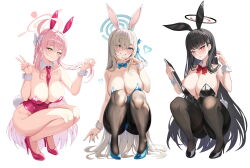 Rule 34 | 3girls, ahoge, alternate costume, animal ears, asuna (blue archive), asuna (bunny) (blue archive), bare shoulders, black footwear, black hair, black hairband, blue archive, blue eyes, blue leotard, blue ribbon, blush, bnari, bow, bowtie, braid, breasts, brown pantyhose, cleavage, collarbone, detached collar, elbow gloves, fake animal ears, full body, gloves, green eyes, grin, hair bow, hair ornament, hair over one eye, hair ribbon, hairband, halo, hanako (blue archive), high heels, highleg, highleg leotard, highres, holding, huge breasts, large breasts, legs, leotard, light brown hair, long hair, looking at viewer, multiple girls, necktie, official alternate costume, pantyhose, parted lips, pink hair, pink leotard, playboy bunny, rabbit ears, rabbit tail, red bow, red bowtie, ribbon, rio (blue archive), side braid, simple background, smile, squatting, tail, thighband pantyhose, thighs, very long hair, white background, white gloves, wrist cuffs