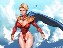 Rule 34 | 1girl, bird, blonde hair, blue eyes, breasts, cape, cleavage, cleavage cutout, clothing cutout, cloud, commentary request, eighth wonder, flying, haruka athena, highleg, highres, large breasts, leotard, mature female, muscular, muscular female, red leotard, revision, solo, superhero costume, thong leotard, uchi no musume ni te wo dasuna!, yakusoku no hi