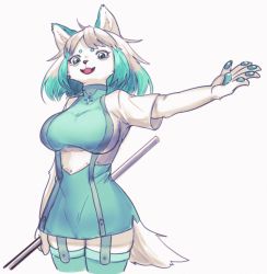 Rule 34 | 1girl, animal ears, animal hands, aqua dress, aqua eyes, aqua hair, aqua thighhighs, arm up, breasts, cowboy shot, cropped legs, dog ears, dog tail, dress, fangs, female focus, furry, furry female, garter straps, happy, highres, holding, large breasts, looking at viewer, multicolored hair, open mouth, original, outstretched arms, pawpads, rod, short dress, short hair, short sleeves, side slit, simple background, skindentation, smile, solo, standing, suigi, tail, thighhighs, two-tone hair, white background, white hair, zettai ryouiki