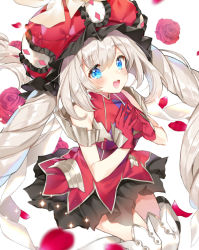 Rule 34 | 1girl, :d, black skirt, blue eyes, blush, boots, breasts, commentary request, fate/grand order, fate (series), fingers together, flower, frilled hat, frills, gloves, hair between eyes, hat, knees together feet apart, long hair, looking at viewer, marie antoinette (fate), medium breasts, open mouth, petals, pingo, red flower, red gloves, red hat, red rose, red shirt, rose, rose petals, shirt, silver hair, simple background, skirt, sleeveless, sleeveless shirt, smile, solo, steepled fingers, thigh boots, thighhighs, twintails, very long hair, white background, white footwear, white thighhighs