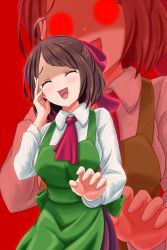 Rule 34 | 1girl, ^ ^, ahoge, apron, brown hair, closed eyes, green apron, guardian tales, hand on own face, highres, innkeeper loraine, looking at viewer, necktie, open mouth, ribbon hair, shirt, short hair, smile, solo focus, swept bangs, udon frozen, white shirt