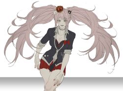 Rule 34 | 1girl, :d, bear hair ornament, black bra, black necktie, black shirt, blonde hair, bow, bra, breasts, closed mouth, collarbone, cropped legs, crown, danganronpa: trigger happy havoc, danganronpa (series), enoshima junko, grey eyes, grey necktie, hair ornament, highres, large breasts, long hair, looking at viewer, miniskirt, nail polish, necktie, open mouth, pleated skirt, red bow, red nails, red skirt, shirt, short sleeves, simple background, skirt, smile, solo, teeth, twintails, underwear, white background, yochilyee