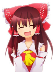 Rule 34 | 1girl, :d, ^ ^, absurdres, ascot, bare shoulders, bow, brown hair, closed eyes, detached sleeves, facing viewer, frilled shirt collar, frills, hair bow, hair tubes, hakurei reimu, highres, kuyuri y, large bow, long hair, long sleeves, open mouth, simple background, smile, solo, torizaki kuyuri, touhou, v arms, wide sleeves