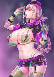Rule 34 | 1girl, areola slip, belt, bikini, bikini under clothes, braid, breasts, cleavage, condom, condom belt, condom in clothes, covered erect nipples, cum, cum as fashion, cum in mouth, cum on tongue, drinking from condom, elbow gloves, fate/grand order, fate (series), florence nightingale (fate), florence nightingale (trick or treatment) (fate), garter straps, gloves, gokkun, green bikini, green gloves, green thighhighs, hair ribbon, hat, heart, heart-shaped pupils, highleg, highleg bikini, highres, holding, holding condom, large breasts, layered bikini, lips, long hair, navel, nipples, nurse, nurse cap, official alternate costume, open mouth, pink bikini, pink eyes, pink hair, pussy juice, ribbon, see-through, short sleeves, shrug (clothing), sidelocks, single braid, skindentation, skirt, solo, string bikini, sweat, swimsuit, swimsuit under clothes, symbol-shaped pupils, thighhighs, tongue, tongue out, used condom, zhen lu