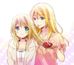 Rule 34 | 10s, 2girls, alternate hairstyle, ayase alisa, ayase eli, blonde hair, blouse, blue eyes, blush, collarbone, brushing hair, hair bobbles, hair brush, brushing hair, hair down, hair ornament, jacket, jewelry, light smile, love live!, love live! school idol project, mouth hold, multiple girls, necklace, open clothes, open jacket, pendant, shirt, short sleeves, siblings, sisters, smile, upper body, yuzucky