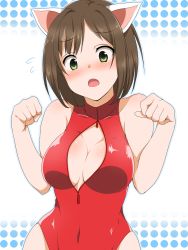 Rule 34 | 10s, 1girl, animal ears, blush, breasts, brown hair, cat ears, cat girl, cleavage, fang, female focus, front zipper swimsuit, green eyes, highres, idolmaster, idolmaster cinderella girls, large breasts, maekawa miku, meme attire, one-piece swimsuit, open mouth, paw pose, short hair, solo, swimsuit, unzipped, yue (show-ei)