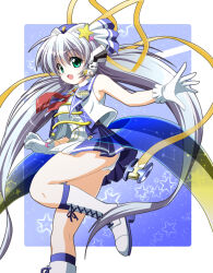 Rule 34 | 1girl, adapted costume, blue background, blue headwear, boots, border, character name, commentary request, constellation, cross-laced footwear, f20 (funimaru), foot out of frame, gloves, green eyes, grey hair, hair ornament, hair ribbon, hoshino yumemi, long hair, looking at viewer, low twintails, necktie, open mouth, panties, pantyshot, planetarian, pleated skirt, red necktie, ribbon, shirt, simple background, skirt, sleeveless, sleeveless shirt, smile, solo, star (symbol), star hair ornament, tareme, thighs, twintails, underwear, very long hair, white border, white footwear, white gloves, white panties, white shirt, yellow ribbon