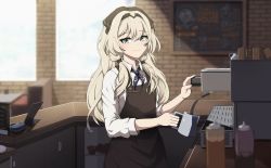 Rule 34 | 1girl, absurdres, an-94 (girls&#039; frontline), apron, aqua eyes, bar (place), barista, black apron, black bow, blonde hair, bow, cafe, can, closed mouth, closet, coffee maker, coffee mug, collared shirt, commentary, couch, counter, cup, day, english commentary, eyebrows, girls&#039; frontline, hair bow, hair ornament, hair over shoulder, hairband, highres, holding, holding cup, indoors, long hair, looking at viewer, low twintails, menu, menu board, mug, neckwear request, sauce, shirt, sidelocks, sleeves rolled up, smile, solo, standing, table, twintails, waistcoat, white shirt, window, yan kodiac