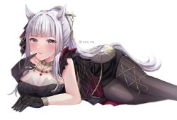 Rule 34 | 1girl, animal ears, asymmetrical gloves, black dress, black gloves, blush, breasts, cleavage, commentary request, dress, ear ornament, elbow gloves, gloves, gold ship (la mode 564) (umamusume), gold ship (umamusume), grey hair, hair ornament, highres, horse ears, horse girl, horse tail, large breasts, long hair, looking at viewer, lying, mare ma, multicolored clothes, multicolored dress, official alternate costume, official alternate hairstyle, on ground, on stomach, ponytail, purple eyes, red dress, single bare shoulder, solo, tail, umamusume, very long hair