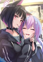 Rule 34 | 2girls, absurdres, ahoge, animal ears, black choker, black hair, black jacket, blue archive, blue hair, blurry, blurry background, blush, choker, closed mouth, colored inner hair, commentary request, hair ornament, halo, hand on another&#039;s face, highres, jacket, kazusa (blue archive), kuro shiraga, long sleeves, looking at viewer, mouth hold, multicolored hair, multiple girls, pink hair, red eyes, reisa (blue archive), school uniform, serafuku, short hair, star (symbol), star hair ornament, sweatdrop, tears, two-tone hair