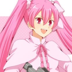 Rule 34 | 1girl, :d, akame ga kill!, bow, capelet, floating hair, hair between eyes, hair bow, koroni (nkrgs), long hair, looking at viewer, mine (akame ga kill!), neck ribbon, open mouth, pink bow, pink eyes, pink hair, pink ribbon, ribbon, smile, solo, twintails, upper body, v-shaped eyebrows, very long hair, white capelet