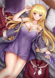 Rule 34 | 1girl, arm out of sleeve, assault lily, bare shoulders, bed, blonde hair, blunt bangs, blush, breasts, brown sailor collar, chemise, cleavage, closed mouth, collarbone, commentary request, feet out of frame, grey robe, hair spread out, hand up, highres, holding, holding ribbon, imai tomohiro, indoors, jewelry, kanba girls high school uniform, large breasts, long hair, long sleeves, looking at viewer, lying, miyagawa takane, necktie, official alternate costume, on back, on bed, open clothes, open robe, pillow, purple eyes, purple ribbon, red shirt, ribbon, unworn ribbon, ring, robe, sailor collar, school uniform, serafuku, shirt, unworn shirt, short necktie, sidelocks, smile, solo, strap slip, very long hair, white necktie, wide sleeves