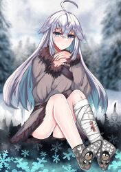Rule 34 | ahoge, bandaged leg, bandages, blood, bloody bandages, blue eyes, blue sealad, blurry, blurry background, coat, codename: bakery girl, fur-trimmed coat, fur trim, grey socks, highres, jefuty (bakery girl), long hair, own hands together, penguin print, pine tree, reverse collapse (series), snow, snow on tree, snowflakes, socks, tree, white hair