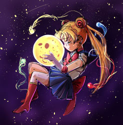 Rule 34 | 1girl, bishoujo senshi sailor moon, blonde hair, blue sailor collar, blue skirt, boots, comet, double bun, elbow gloves, closed eyes, from side, full body, gloves, high heel boots, high heels, moon, pleated skirt, red footwear, ribbon, sailor collar, sailor moon, shooting star, skirt, sky, smile, solo, space, star (sky), starry sky, tears, tsubobot, tsukino usagi, twintails, white gloves