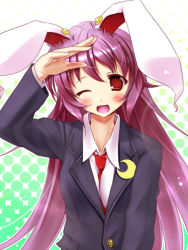 Rule 34 | 1girl, animal ears, blush, breasts, crescent moon, female focus, hand on own head, long hair, long sleeves, looking at viewer, moon, necktie, one eye closed, open mouth, purple hair, rabbit ears, red eyes, reisen udongein inaba, scarlet (studioscr), smile, solo, touhou, wink