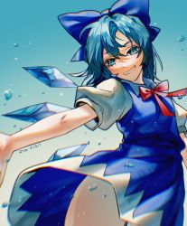 Rule 34 | 1girl, ahoge, aihara-rina, blue bow, blue dress, blue eyes, blue hair, blush, bow, cirno, collared shirt, commentary request, dress, eyelashes, fairy, gradient background, grin, hair between eyes, hair bow, highres, ice, ice wings, looking at viewer, open mouth, pinafore dress, puffy short sleeves, puffy sleeves, red ribbon, ribbon, shirt, short hair, short sleeves, simple background, sleeveless dress, smile, solo, teeth, thighs, tongue, touhou, twitter username, white background, white shirt, wings