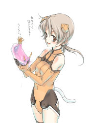 Rule 34 | 00s, 1girl, :d, ahoge, animal, bare shoulders, blush, body blush, bodysuit, breasts, cable, covered navel, cowboy shot, elbow gloves, from side, gloves, grey hair, hair ribbon, halterneck, headgear, holding, holding animal, leotard, looking at viewer, low twintails, motionslit, open mouth, orange eyes, orange gloves, parted bangs, pilot suit, ribbon, satou atsuki, sea slug, simple background, sky girls, slime, small breasts, smile, solo, sonomiya karen, thighhighs, translated, turtleneck, twintails, white background, zipper