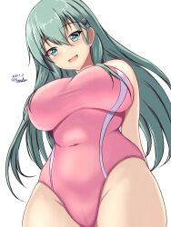 Rule 34 | 1girl, aqua eyes, aqua hair, blush, breasts, competition swimsuit, covered navel, cowboy shot, dated, hair between eyes, hair ornament, hairclip, highres, kantai collection, large breasts, long hair, looking at viewer, montemasa, nontraditional school swimsuit, one-hour drawing challenge, one-piece swimsuit, open mouth, pink one-piece swimsuit, school swimsuit, simple background, smile, solo, suzuya (kancolle), swimsuit, twitter username, two-tone swimsuit, white background