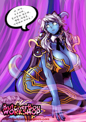 Rule 34 | 1girl, ascot, bed, blue skin, breasts, butcherboy, cleavage, colored skin, draenei, hooves, horns, huge breasts, kneeling, korean text, long hair, monster girl, priest, priestess, shoulder pads, solo, tail, translated, warcraft, white hair, world of warcraft